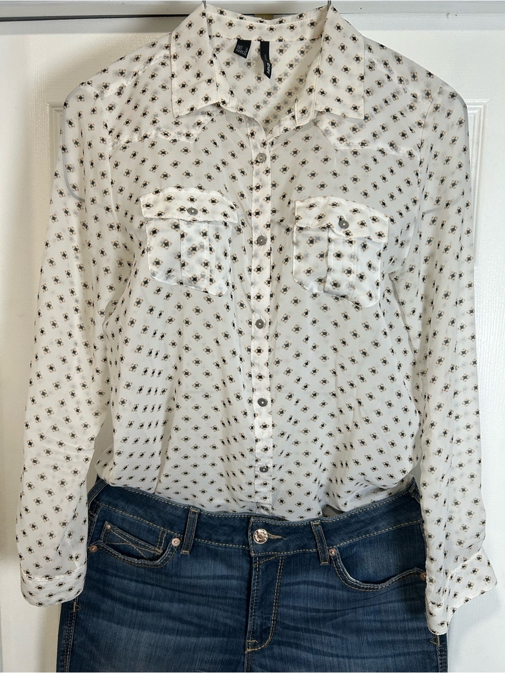 Mango White Button-Down Shirt with Small Black Print
